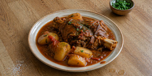 Traditional Bulgarian Bansko Chomlek with veal shank, potatoes, onions and garlic cooked in a clay pot