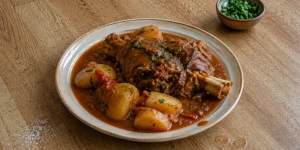 Traditional Bulgarian Bansko Chomlek with veal shank, potatoes, onions and garlic cooked in a clay pot
