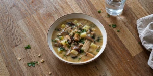 Lithuanian porcini mushroom soup with potatoes, sour cream and dill