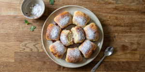 Traditional Czech buchty filled with plum preserves and baked closely together