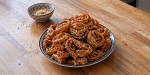 Golden Moroccan Chebakia pastries glazed with honey and sprinkled with sesame
