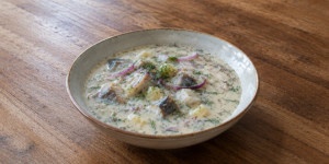 Traditional Lithuanian Cibulynė cold herring soup