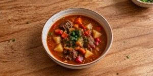 Traditional Hungarian gulyásleves with beef, potatoes and vegetables