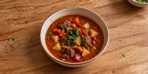 Traditional Hungarian gulyásleves with beef, potatoes and vegetables