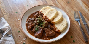 Czech beef goulash served with fresh onions and bread dumplings