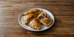 Golden brown traditional Karaim kibinai meat pastries from Trakai