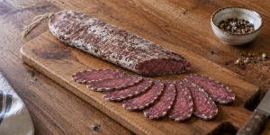 Traditional Bulgarian lukanka with flattened shape and marbled slices