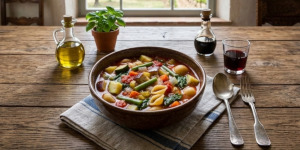 Minestrone with zucchini, eggplant, beans, and pasta