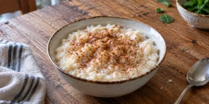 Bulgarian mlyako s oriz served in small bowls with cinnamon