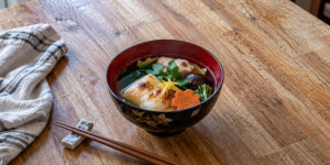 Kanto-style Japanese Ozoni with square mochi in clear dashi broth