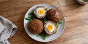 Four golden brown Scotch eggs, two of which are cut in half