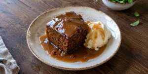 A square piece of sticky toffee pudding covered with warm toffee sauce on a plate