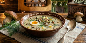 Kulajda soup showing mushrooms and dill