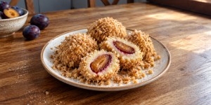 A plate of Hungarian szilvásgombóc plum dumplings covered in toasted breadcrumbs