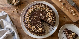 Traditional Bulgarian Garash cake with walnut layers and dark chocolate