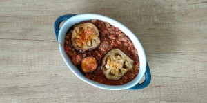 Traditional Turkish Moussaka with eggplant, minced meat and tomatoes
