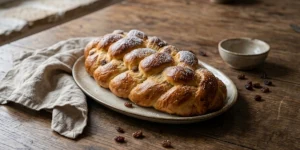 A loaf of golden braided Czech vanocka bread
