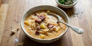 A bowl of traditional Czech zelňačka with sauerkraut, potatoes and smoked meat
